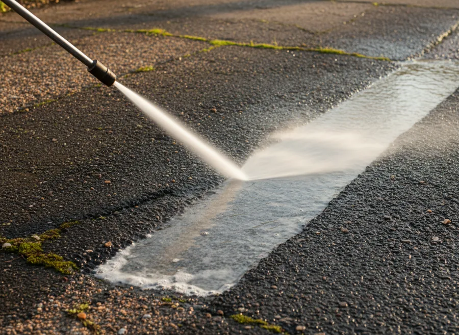 Pressure washing asphalt before pavement maintenance