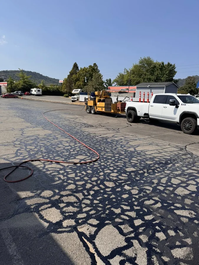 Completed asphalt sealcoating project by Fields Sealcoat in Southern Oregon